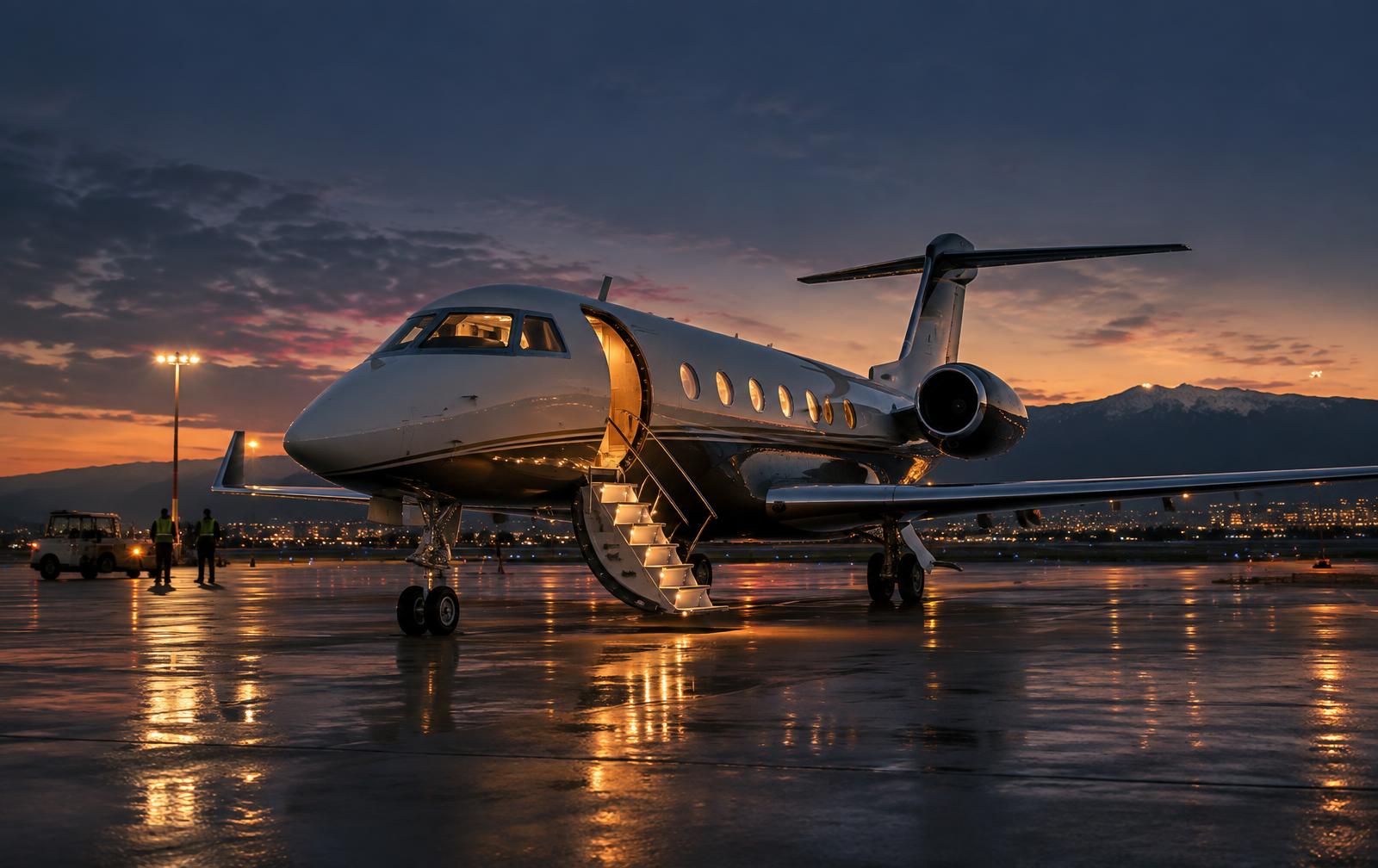 Private jet on the apron at dusk